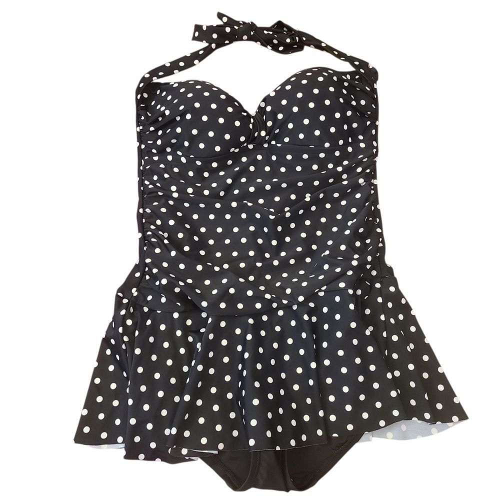 Rose Marie Reid Swimsuit One-Piece Retro Halter Polka Dot‎ Shirred Skirt Sz M